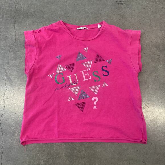 Vintage Y2K Guess Mcbling Rhinestone Pink Crop Graphic Youth Tee Sz 10 - Picture 1 of 5